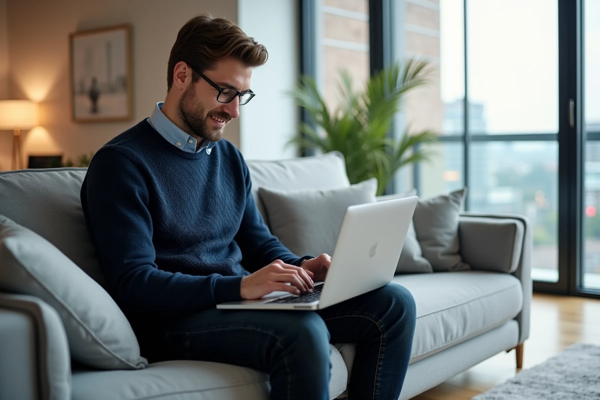 Homme recherchant des annonces immobilières en ligne sur un ordinateur portable dans un salon moderne