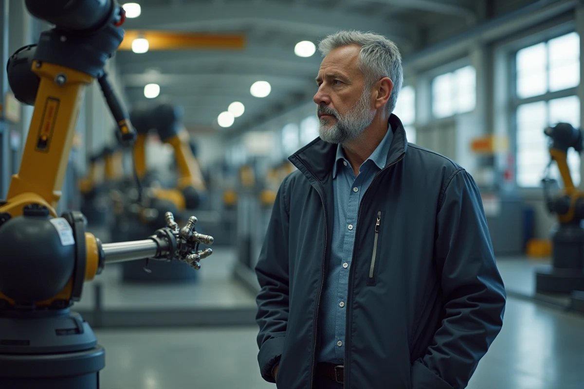 Homme inspectant des bras robotiques en usine