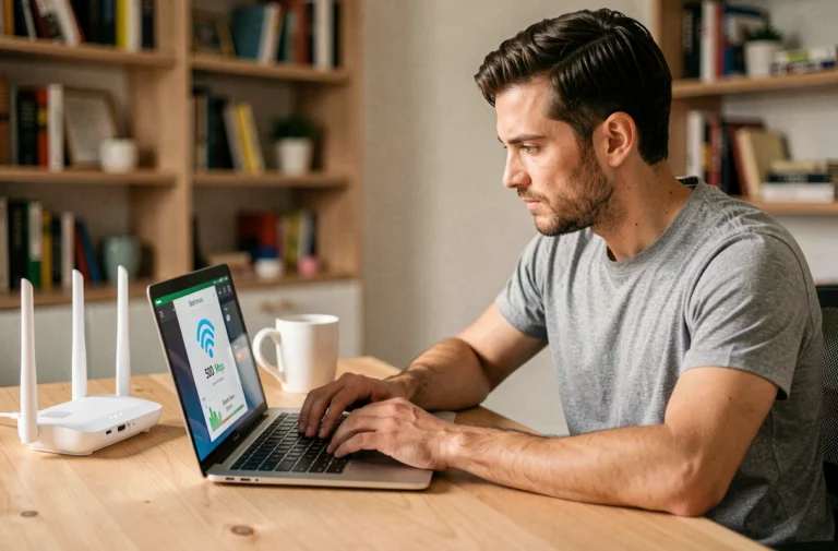 Homme analysant les résultats d'un test de vitesse Wi-Fi 500 Mbps sur son ordinateur portable dans un bureau à domicile