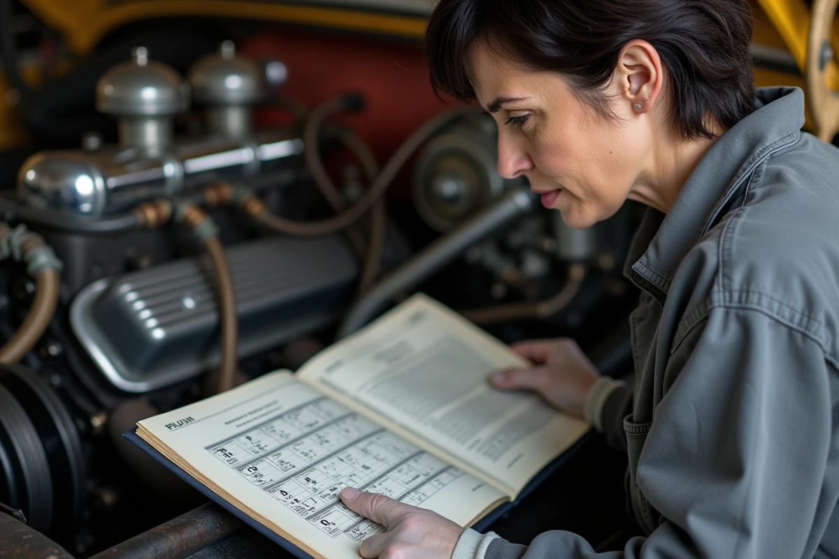 Mécanicienne consultant un manuel de réparation pour identifier le cylindre numéro 1 d'un moteur V8