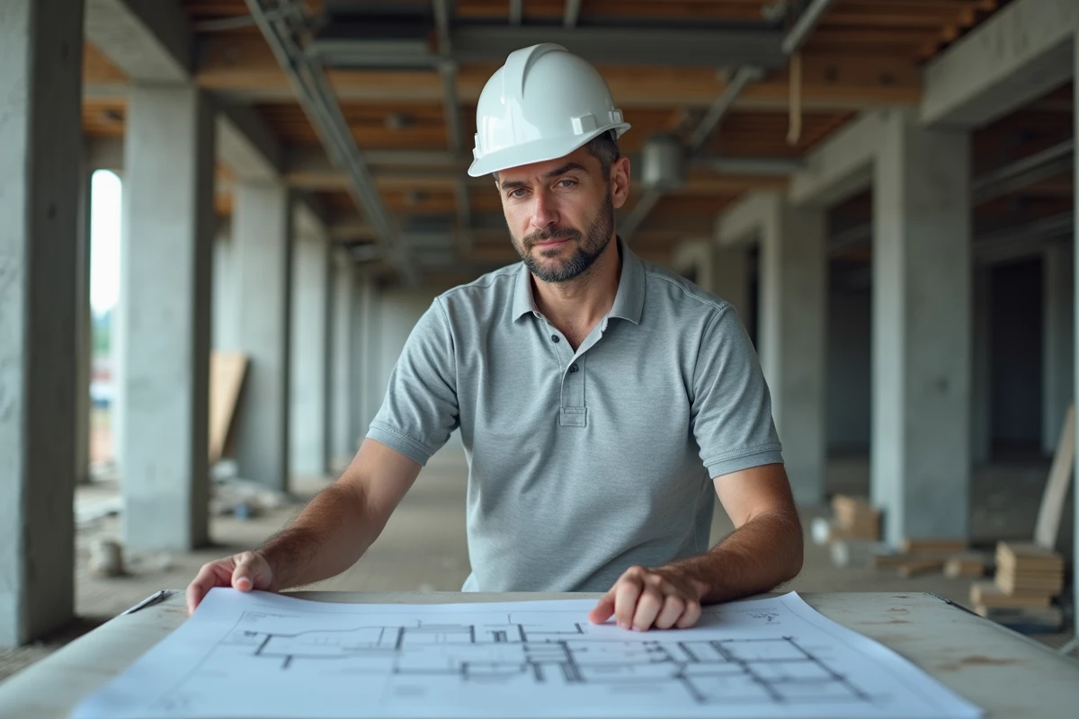 Technicien ou ingénieur sur un chantier de construction analysant des plans, métier qualifié rémunéré 20 euros par heure