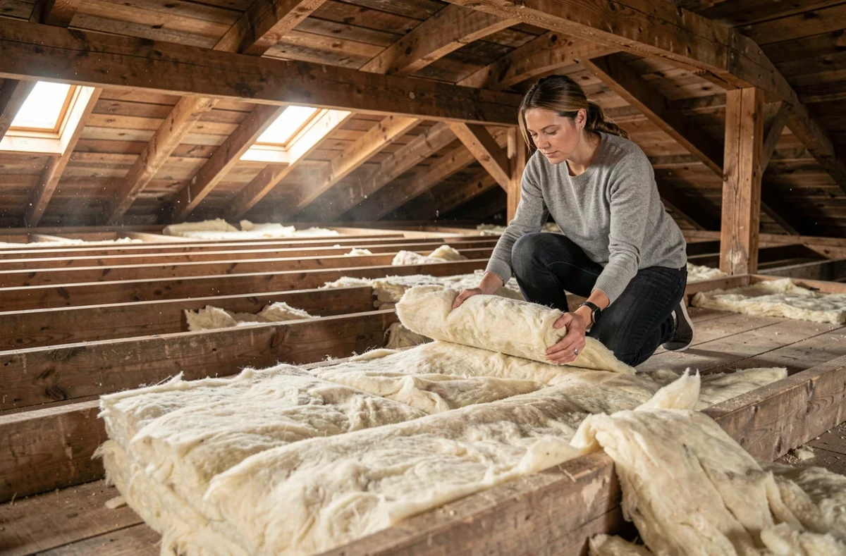 Propriétaire déroulant de la laine de verre dans les combles pour améliorer l'isolation de la maison