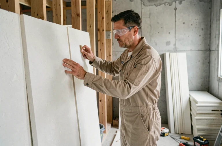 Artisan installant des panneaux d'isolation thermique sur un mur intérieur lors de travaux de rénovation