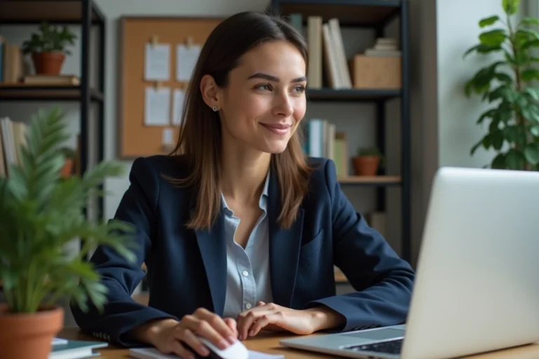 Jeune femme en bureau organisé utilisant une souris sans fil