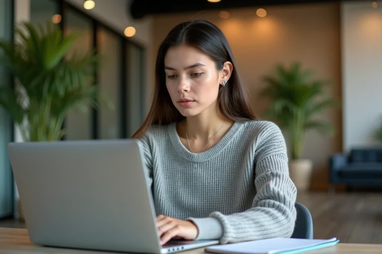Jeune femme en coworking concentrée sur le coding