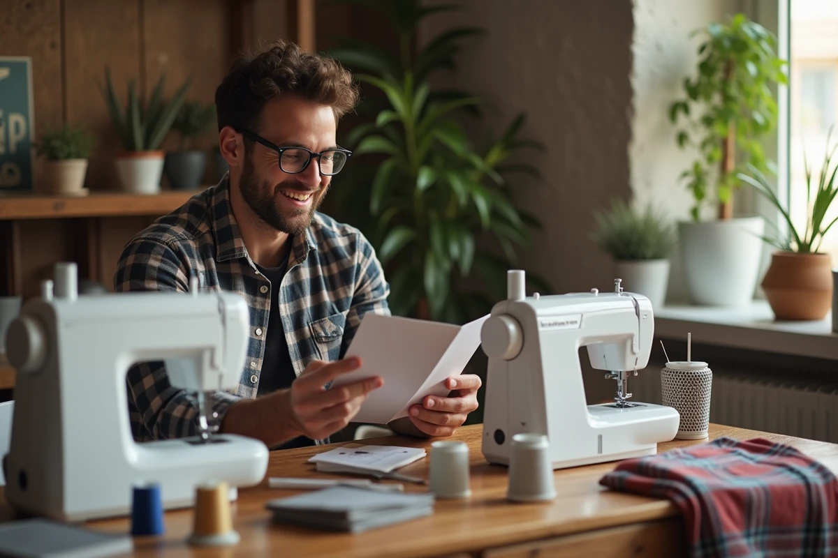 Jeune homme compare brochures de machines a coudre a la maison