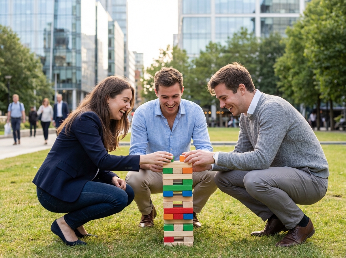 Trois jeunes professionnels construisant des blocs dans un parc