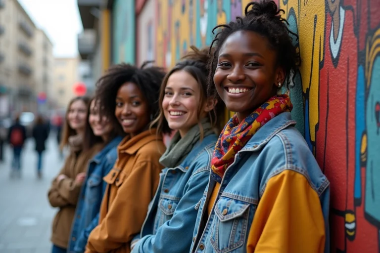Groupe de jeunes adultes en streetwear et vêtements traditionnels devant un mur urbain