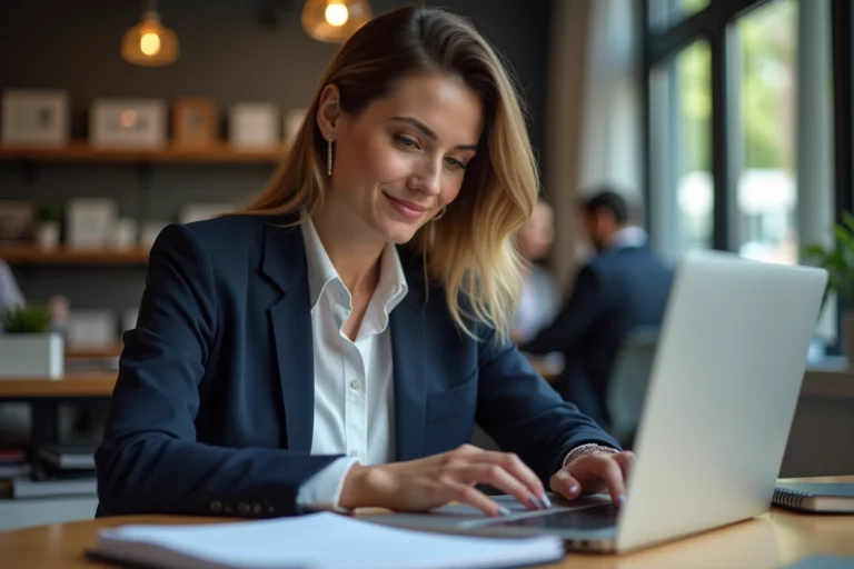 Femme en bureau moderne avec ordinateur et livres