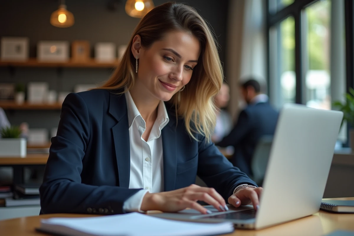 Femme en bureau moderne avec ordinateur et livres