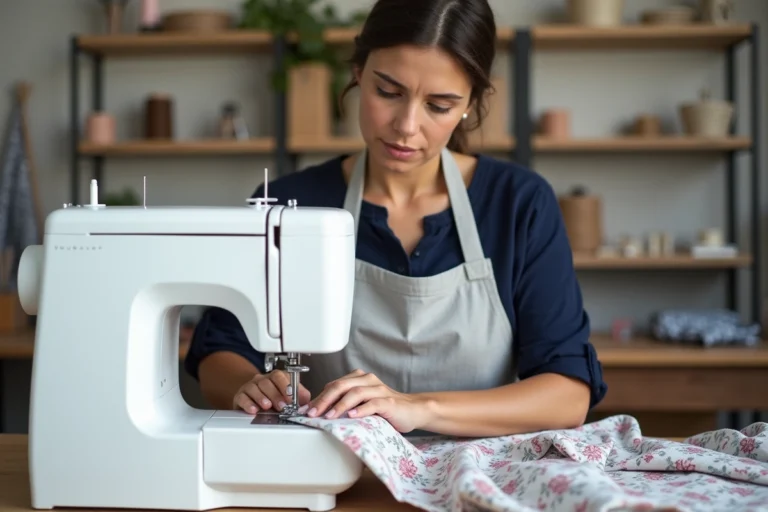 Femme utilisant une machine à coudre Brother blanche pour coudre un tissu fleuri dans un atelier couture à domicile
