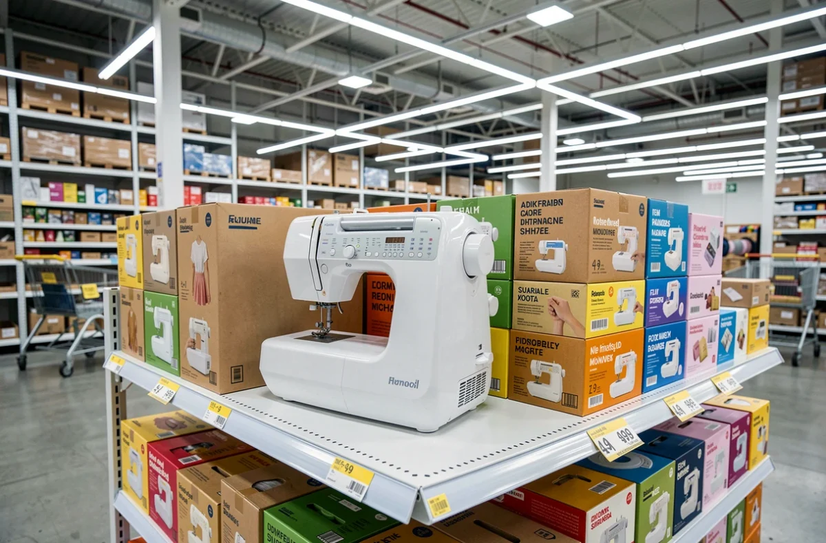 Machine à coudre blanche en vente sur une étagère de grande surface discount avec son emballage d'origine