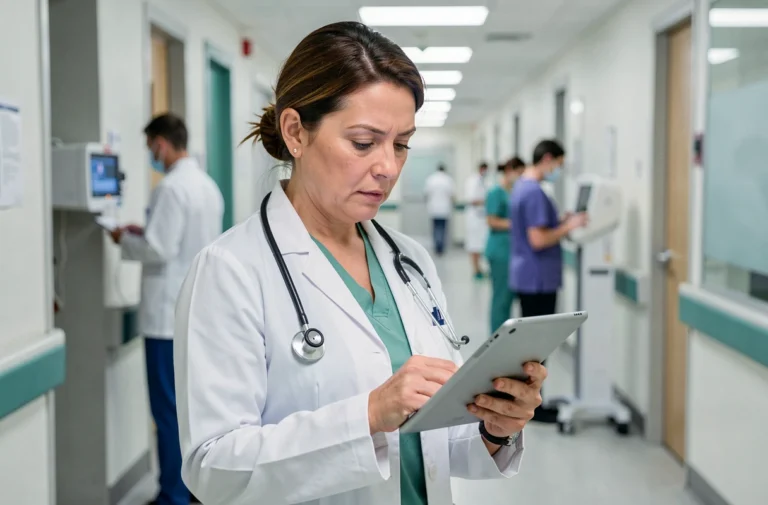 Médecin femme consultant une tablette numérique dans un couloir d'hôpital moderne pour suivre les actualités santé