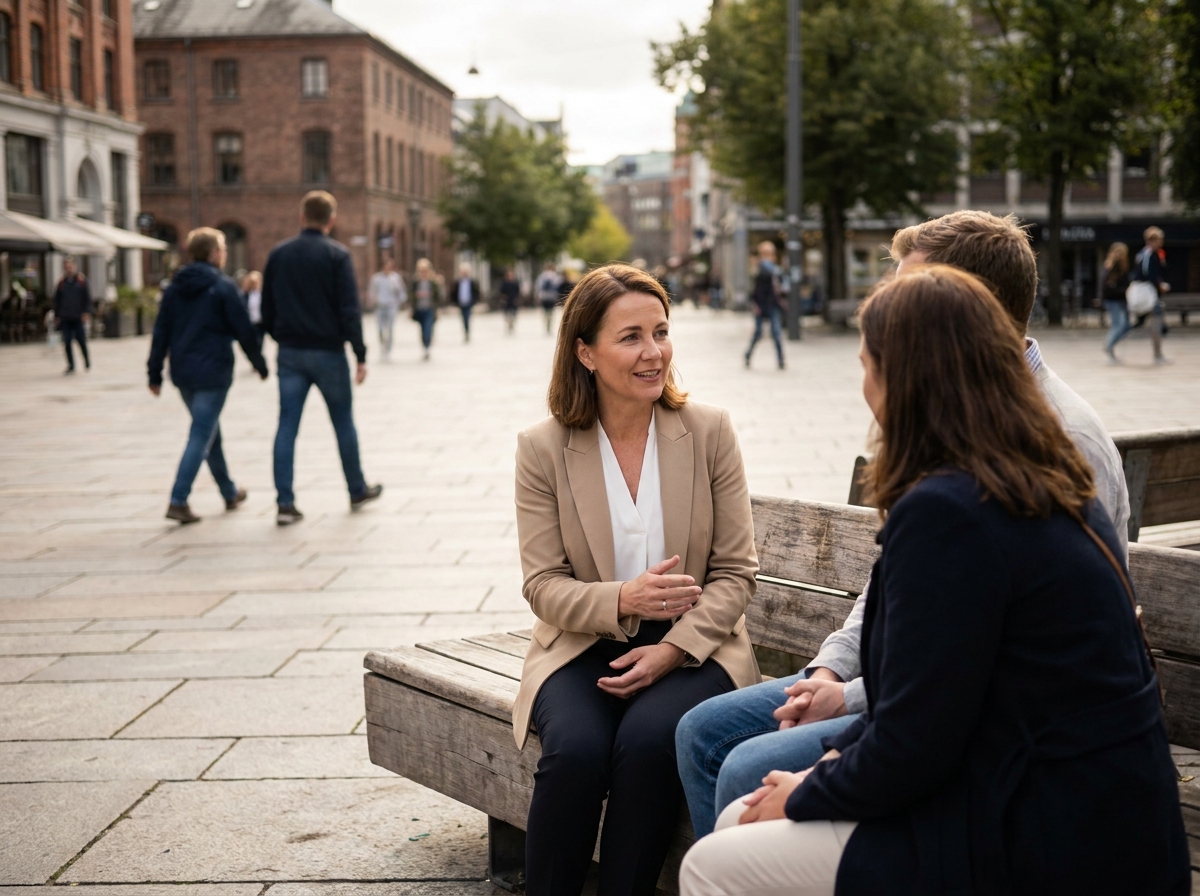 Médiatrice sociale en discussion avec des usagers dans un espace public urbain