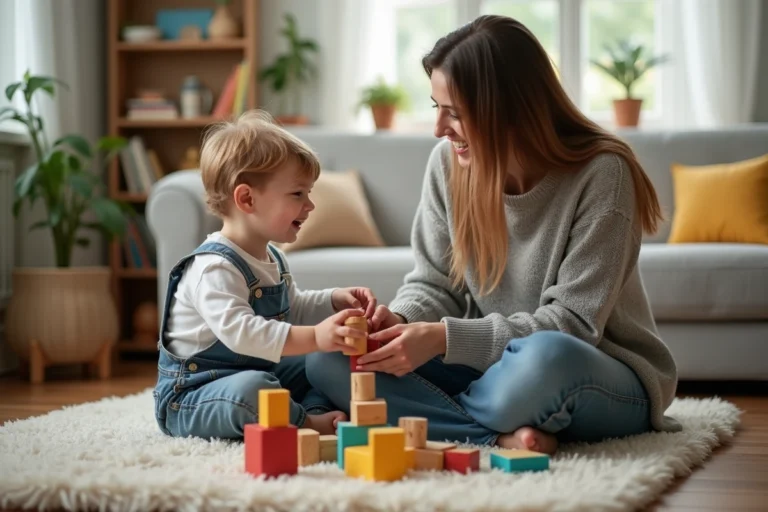 Mère et enfant en bas âge jouant avec des blocs en bois sur le sol du salon familial, scène chaleureuse du quotidien parental