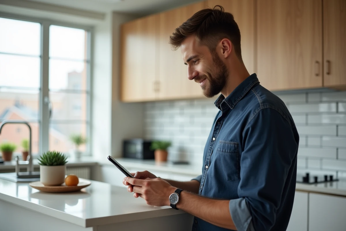 Homme consultant les dernières nouveautés web sur smartphone dans un appartement scandinave moderne