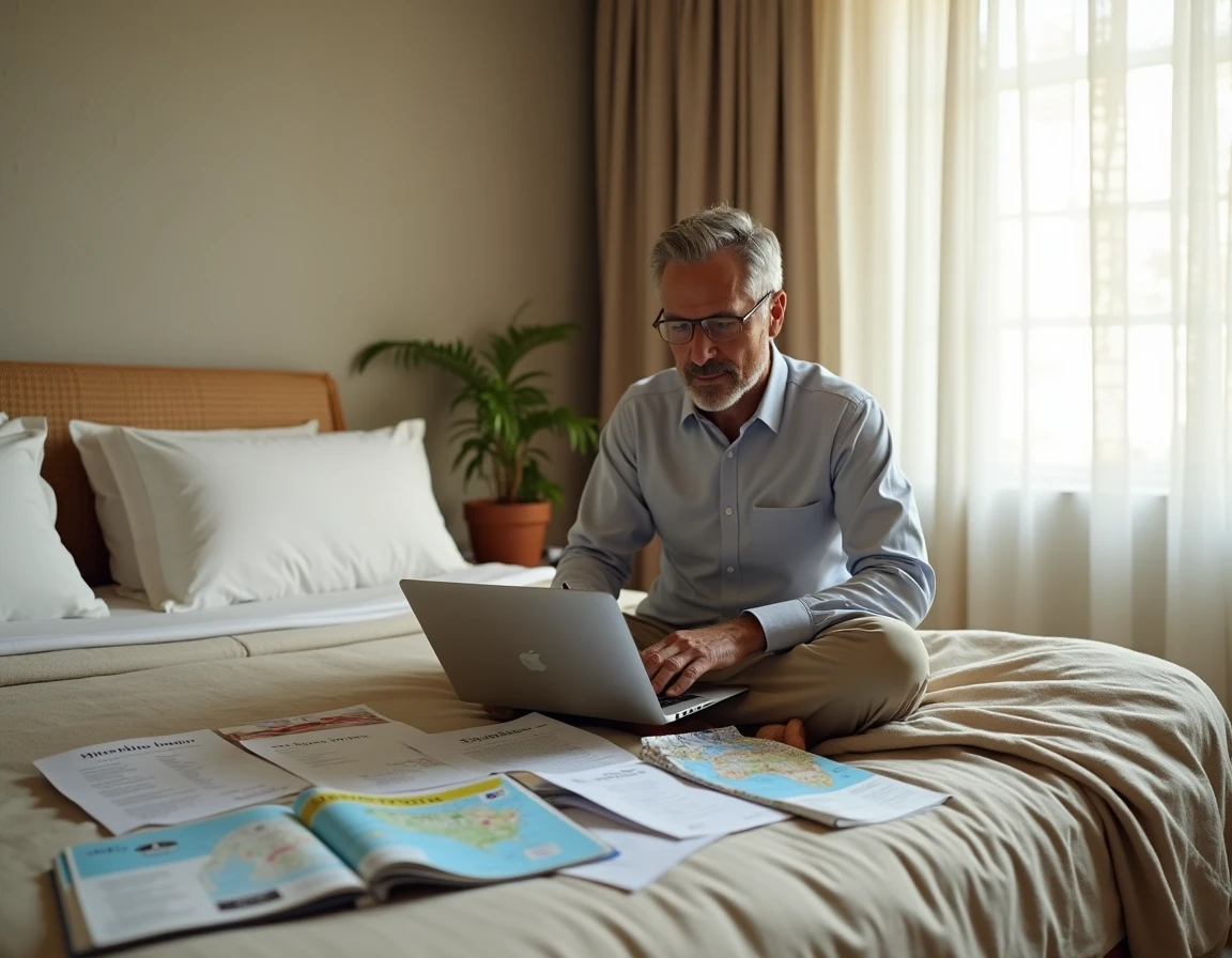 Homme organisant les détails d'un voyage personnalisé depuis sa chambre d'hôtel boutique entouré de guides et documents
