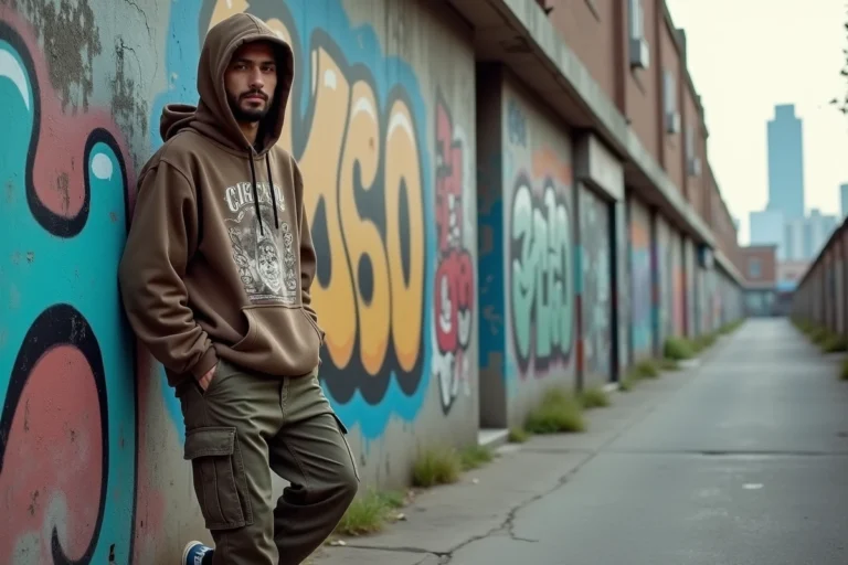 Jeune homme en tenue streetwear vintage dans une ruelle urbaine couverte de graffitis, illustrant les origines du streetwear de rue