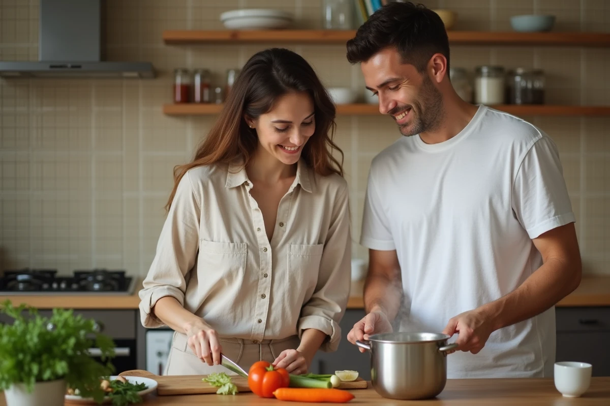 Couple de parents préparant le repas ensemble dans la cuisine familiale, scène du quotidien illustrant la coparentalité et l'organisation familiale