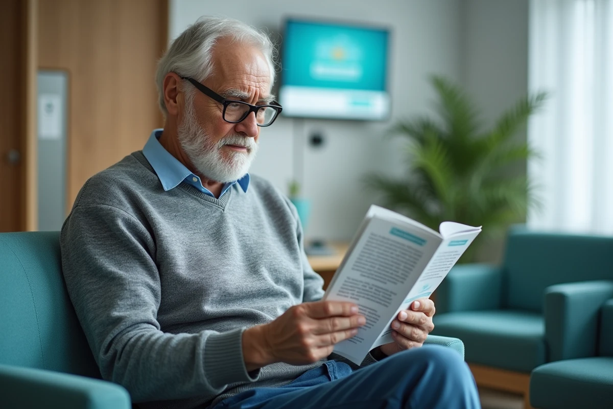 Patient lisant une brochure d'information santé dans une salle d'attente médicale moderne