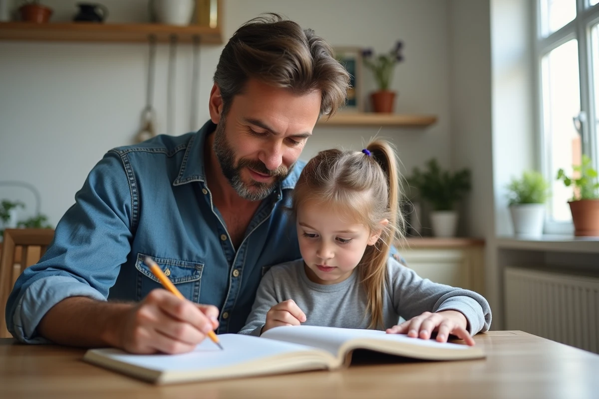 Père aidant sa fille aux devoirs à la table de cuisine, moment d'accompagnement parental bienveillant au quotidien
