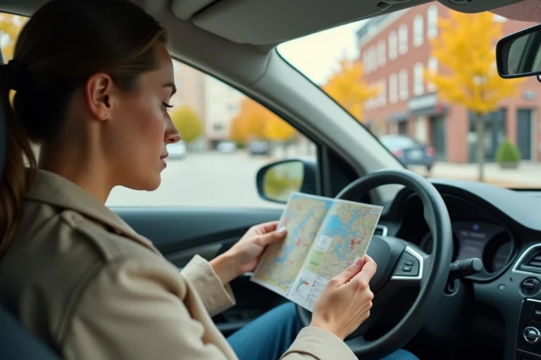 Femme française tenant son permis de conduire et une carte du Canada dans une voiture de location au Canada