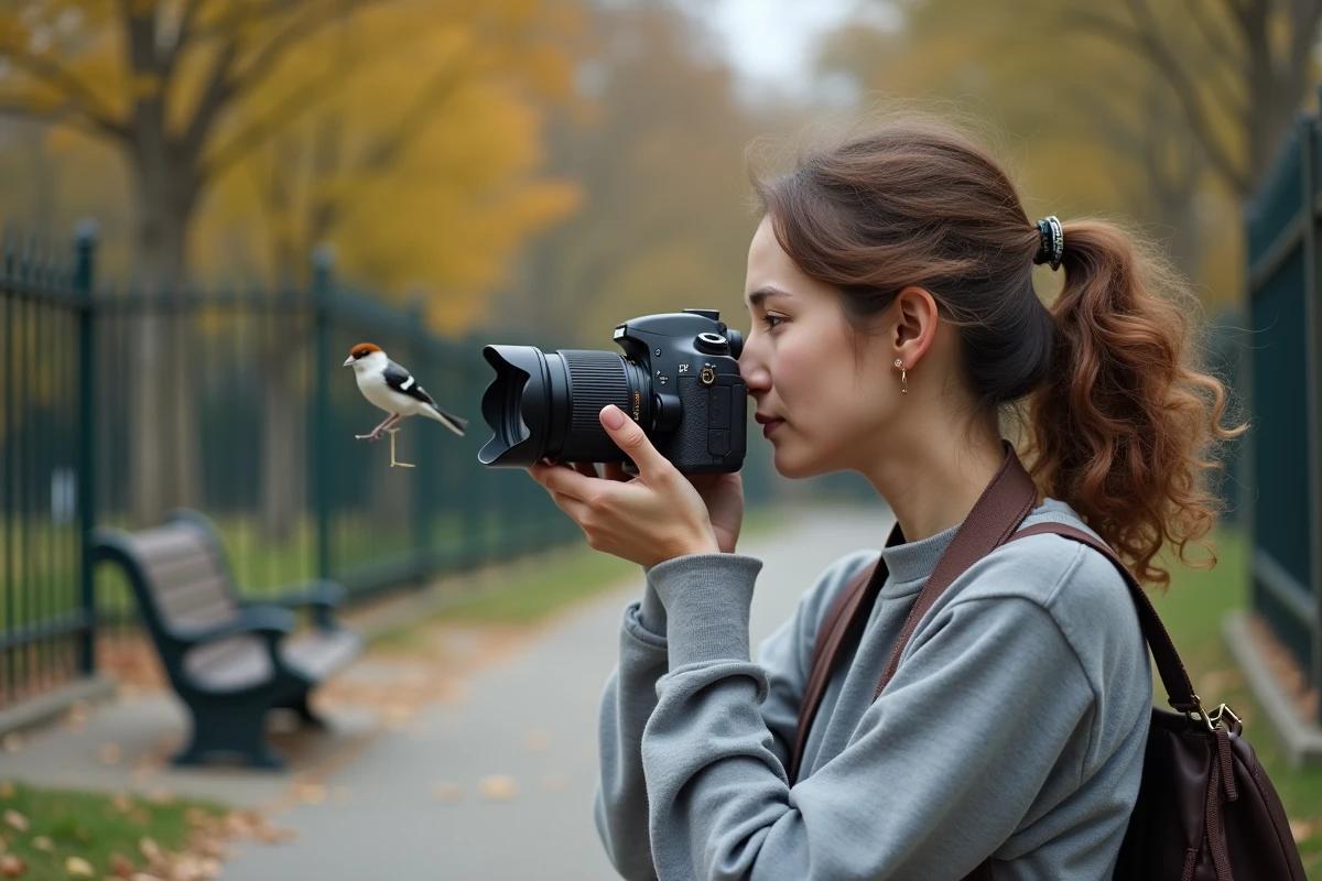 Photographe utilisant l'autofocus pour suivre un oiseau dans un parc urbain en automne