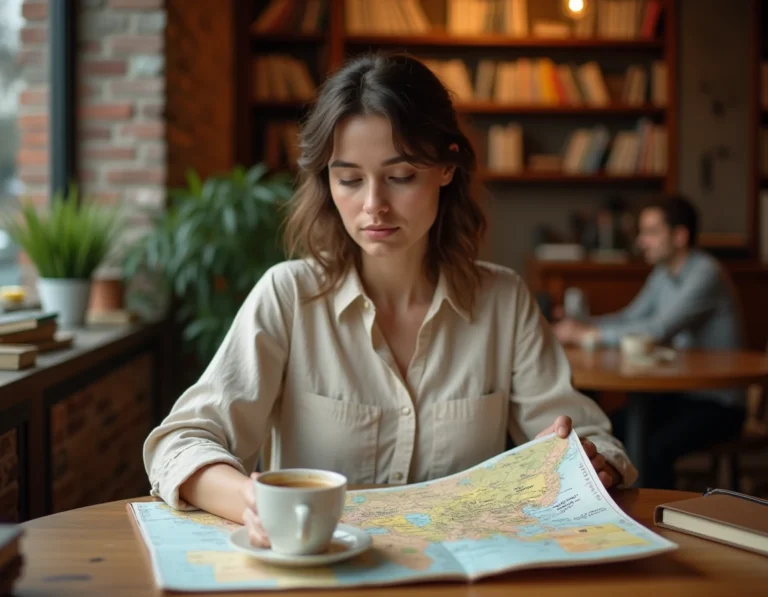 Femme planifiant un voyage sur mesure avec une carte de voyage et un journal de bord dans un café cosy