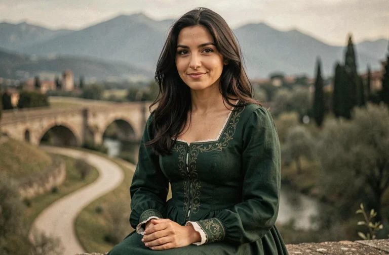Portrait d'une femme en robe Renaissance avec un sourire énigmatique, évoquant la Joconde de Léonard de Vinci