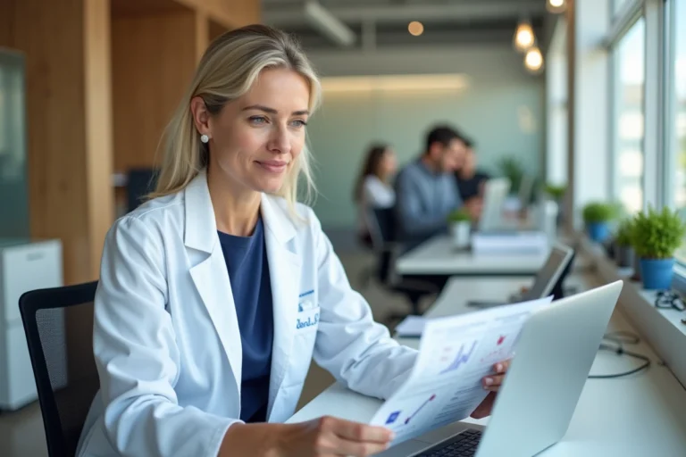 Professionnelle de santé analysant des supports de communication médicale sur un bureau moderne