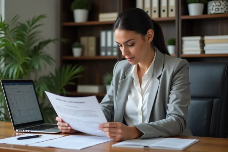 Propriétaire bailleurs analysant ses revenus locatifs bruts et nets sur des documents imprimés dans un bureau à domicile