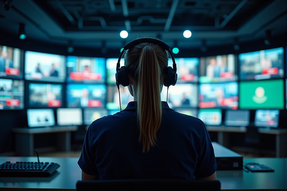 Technicienne de diffusion télévisée surveillant les écrans de contrôle des coupures publicitaires dans une régie
