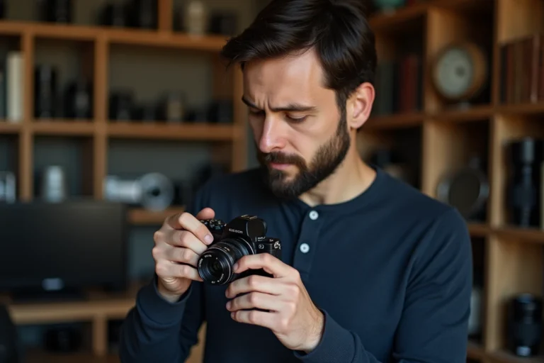 Photographe ajustant manuellement la bague de mise au point d'un objectif 50mm sur un appareil photo sans miroir