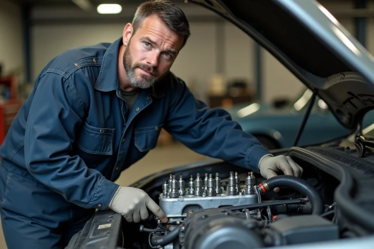 Mécanicien pointant le cylindre numéro 1 sur un moteur 4 cylindres dans un garage automobile