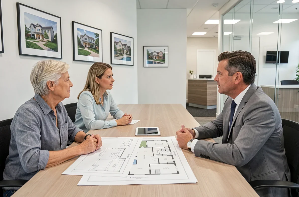 Couple en réunion de consultation avec un conseiller immobilier autour de plans de propriété dans une agence moderne