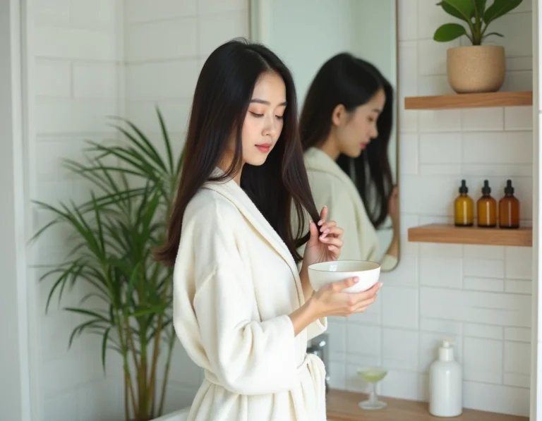 Femme coréenne appliquant un masque capillaire dans une salle de bain minimaliste, routine soin cheveux coréenne