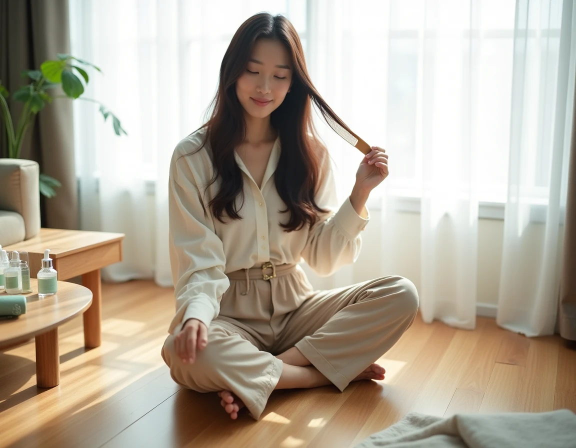 Jeune femme asiatique démêlant ses cheveux avec un peigne en bois, produits de soin capillaire coréens disposés autour d'elle
