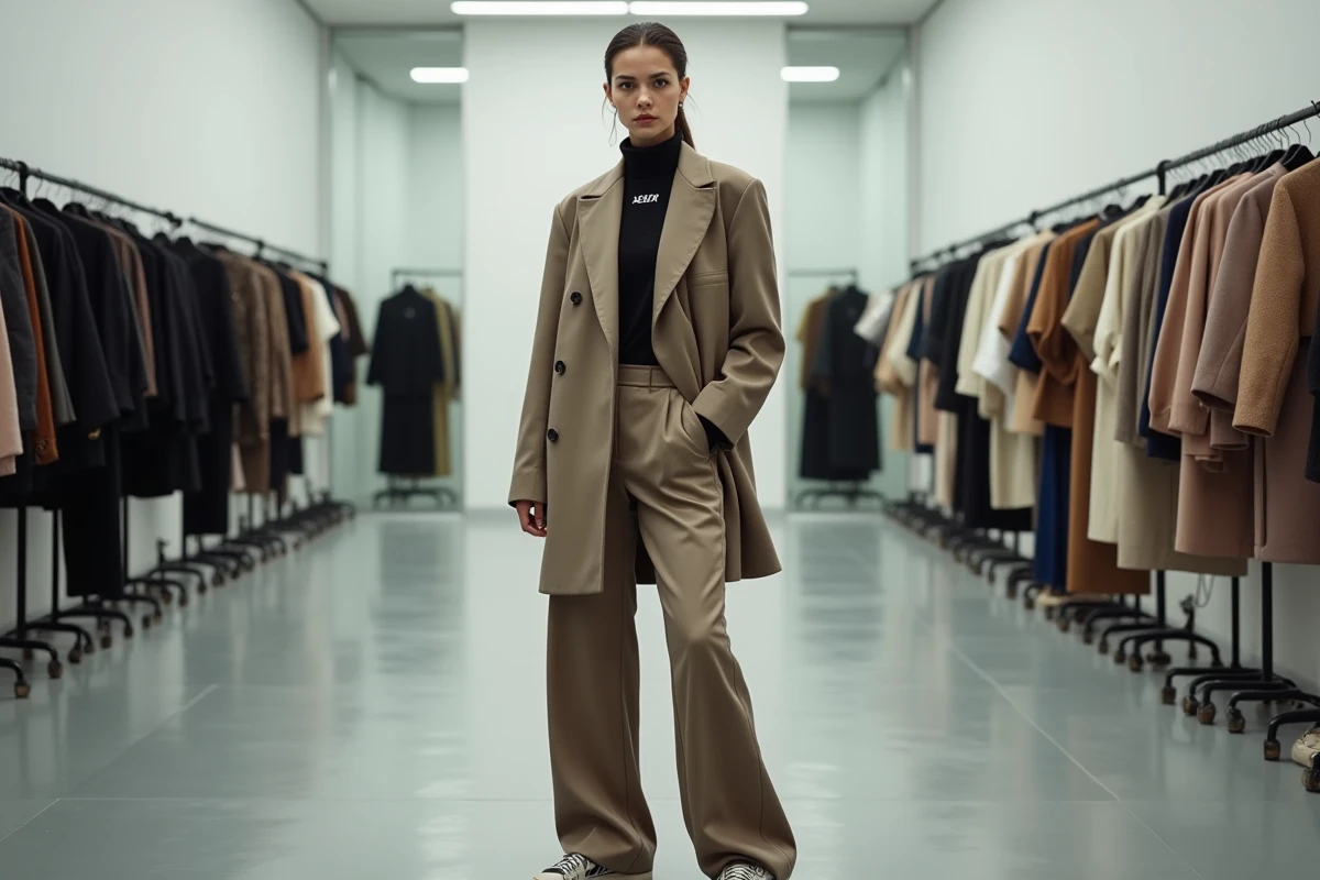 Femme en streetwear haut de gamme en coulisses d'un défilé de mode, représentant la montée du streetwear sur les podiums