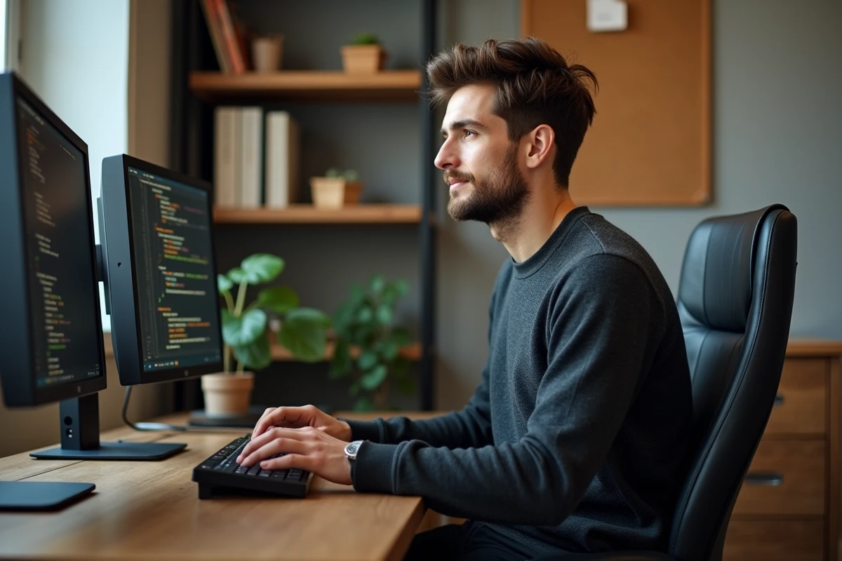 Jeune professionnel en télétravail dans un bureau à domicile, illustrant les opportunités de métiers à 20 euros de l'heure en freelance