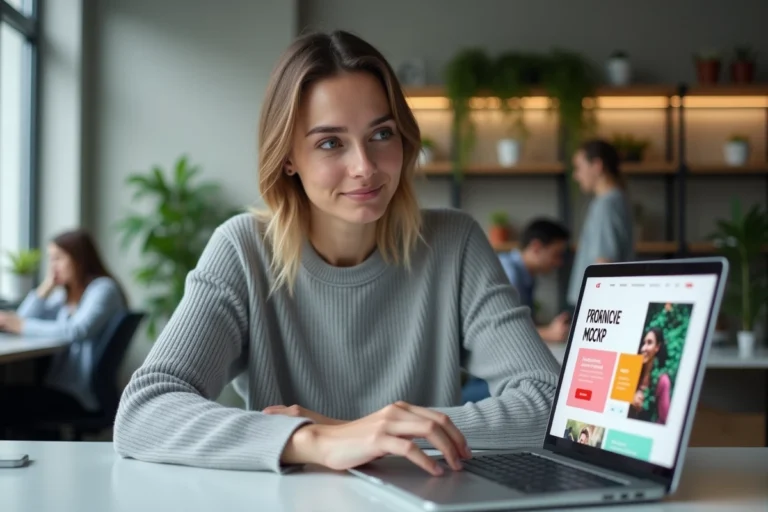 Femme professionnelle découvrant les nouvelles tendances web sur un ordinateur portable dans un bureau moderne