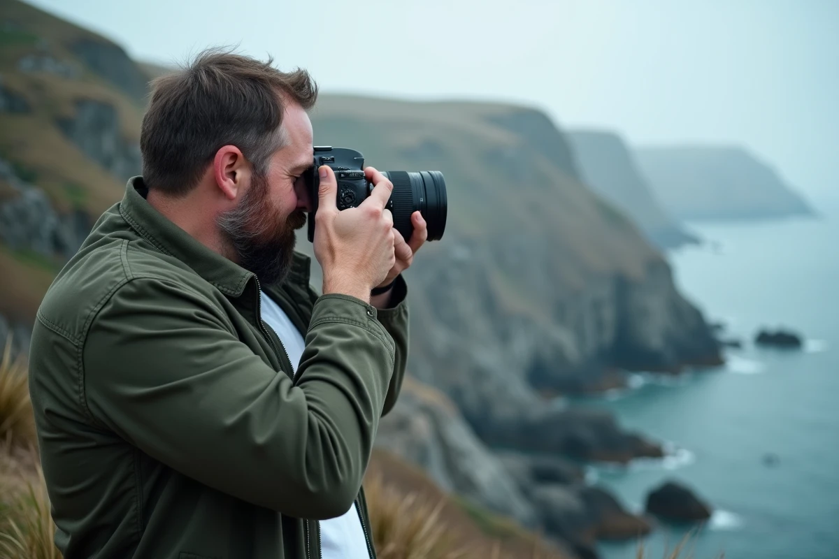 Photographe utilisant le verrouillage d'exposition AEL sur un appareil reflex lors d'une prise de vue côtière