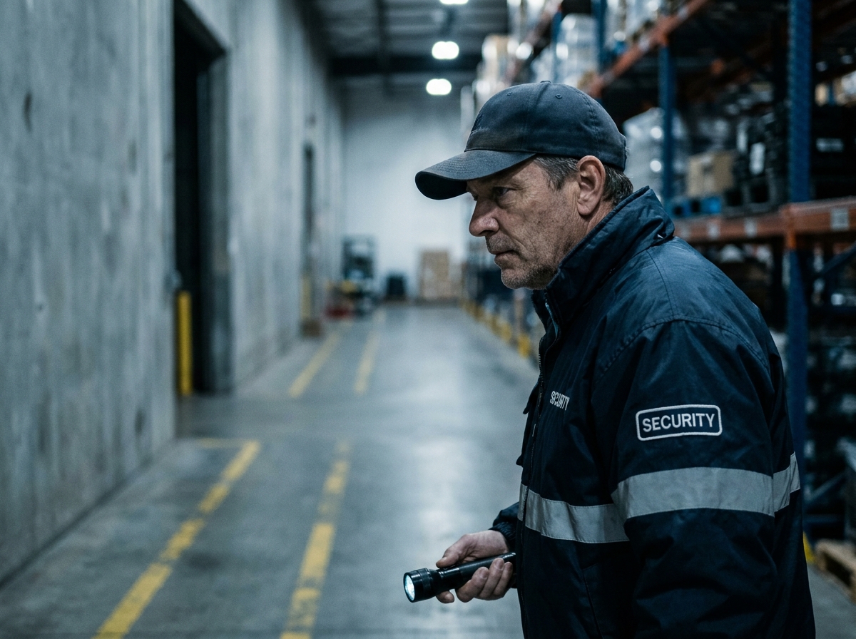 Vigile de nuit patrouillant dans un entrepôt industriel sombre lors d'une ronde de surveillance