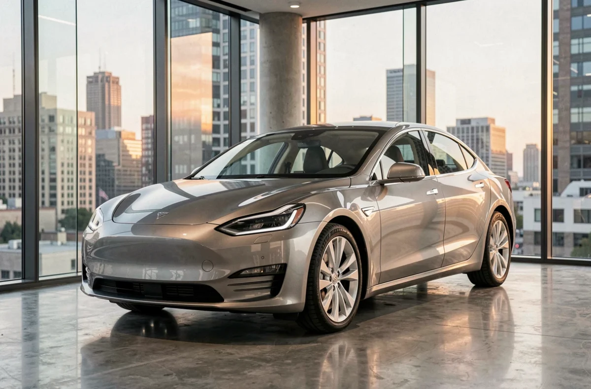 Voiture électrique moderne exposée dans un showroom automobile urbain au design épuré