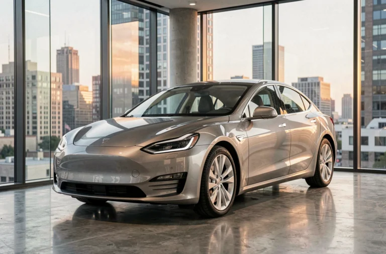 Voiture électrique moderne exposée dans un showroom automobile urbain au design épuré